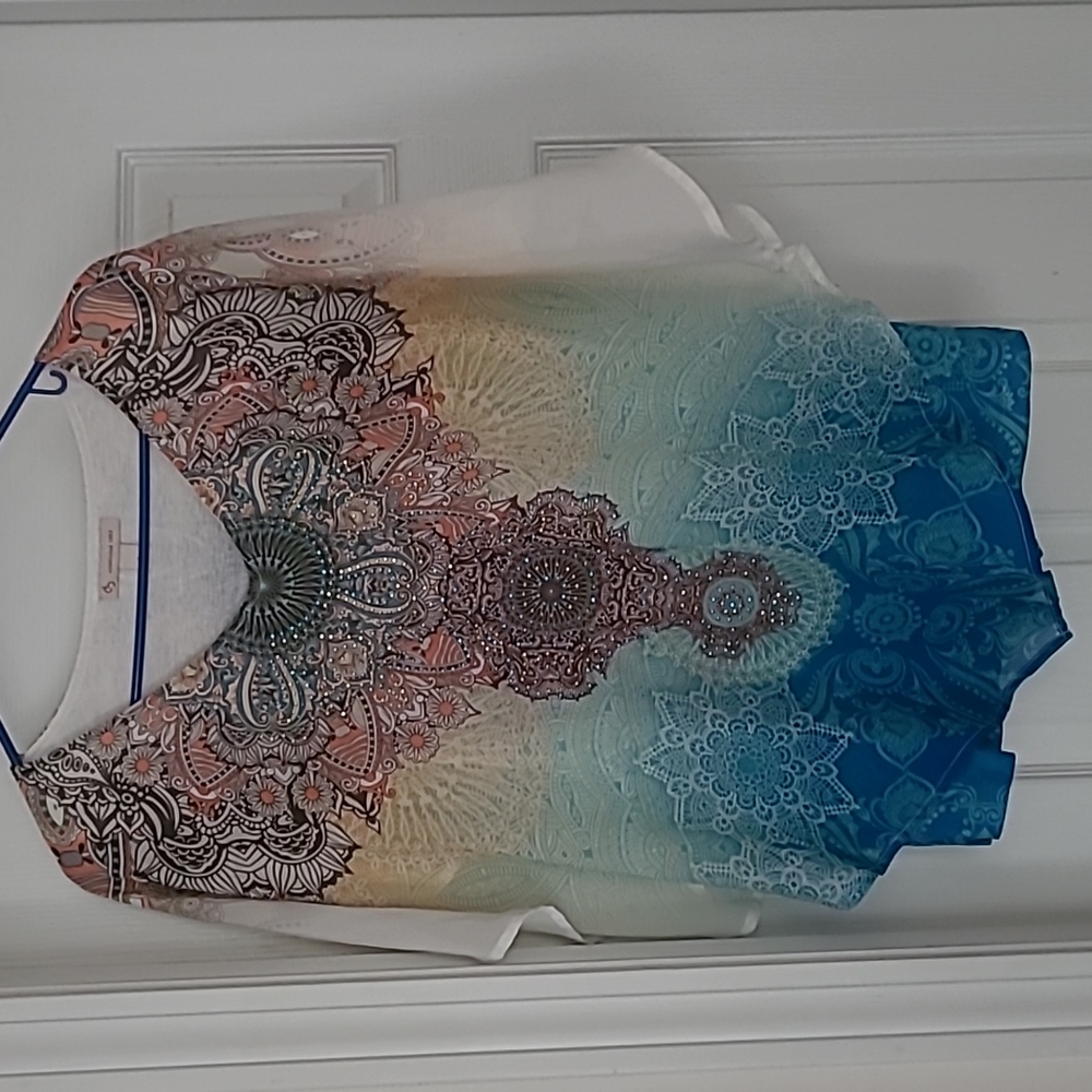 Dress Barn L Print Boho Butterfly Sleeve Blouse Layered